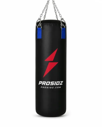 Professional gym action shot of a Prosidz punching bag during boxing practice, showing realistic training use and premium sports branding.