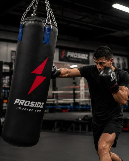 Athlete training with Prosidz punching bag in a professional gym environment