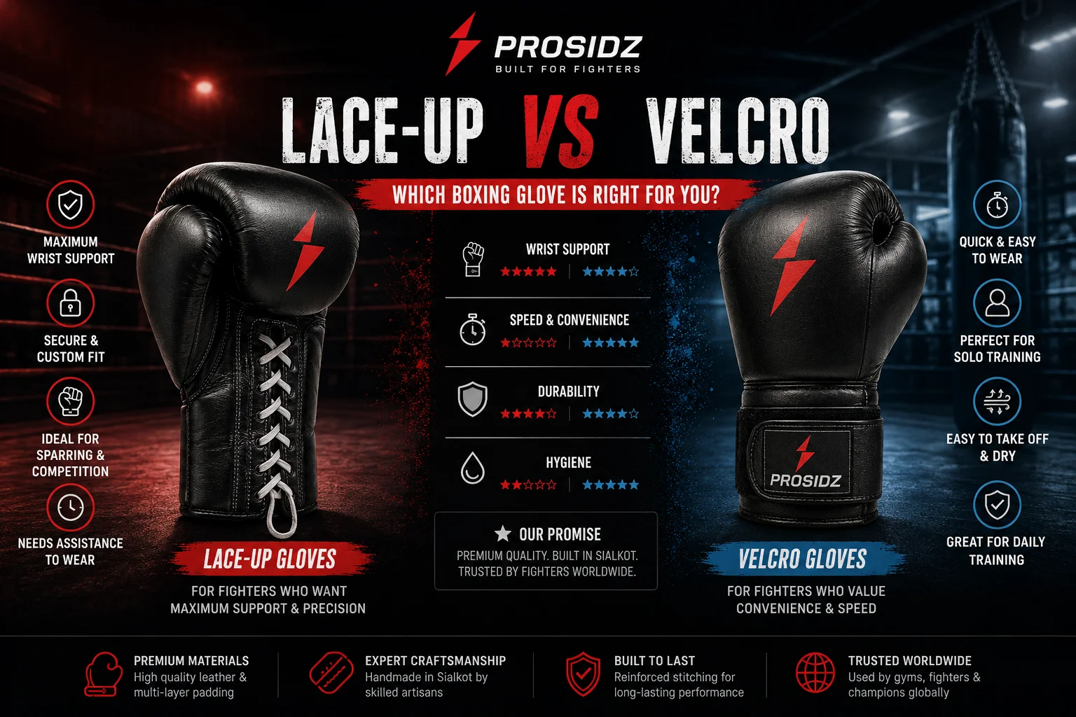 Sparring gloves vs bag gloves comparison with PROSIDZ logo