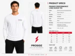 Prosidz white performance long sleeve T-shirt product specs and size chart