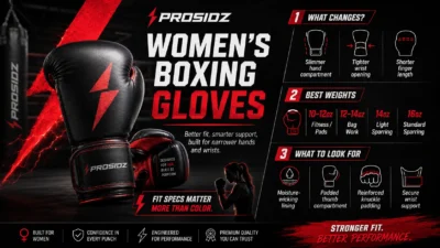 Women’s boxing gloves guide showing slimmer hand fit, tighter wrist support, glove weight options, and PROSIDZ logo