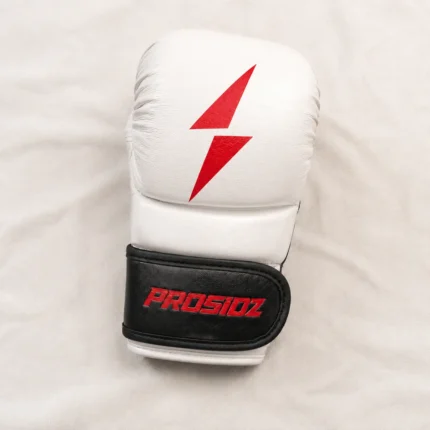 PROSIDZ black boxing gloves with red logo and size guide