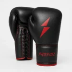 PROSIDZ black competition boxing gloves with red logo and lace-up wrist closure