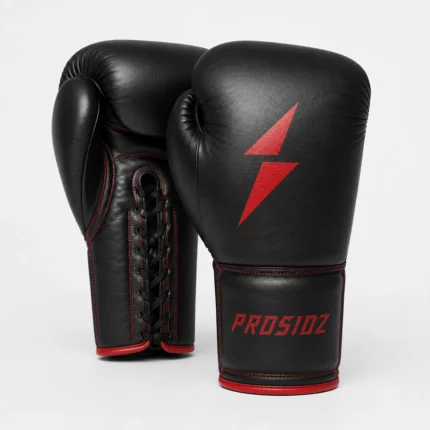 PROSIDZ black competition boxing gloves with red logo and lace-up wrist closure