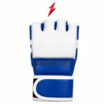 Half Finger MMA Gloves blue wide wrist strap with white stitched edging by PSI Prosidz Industries