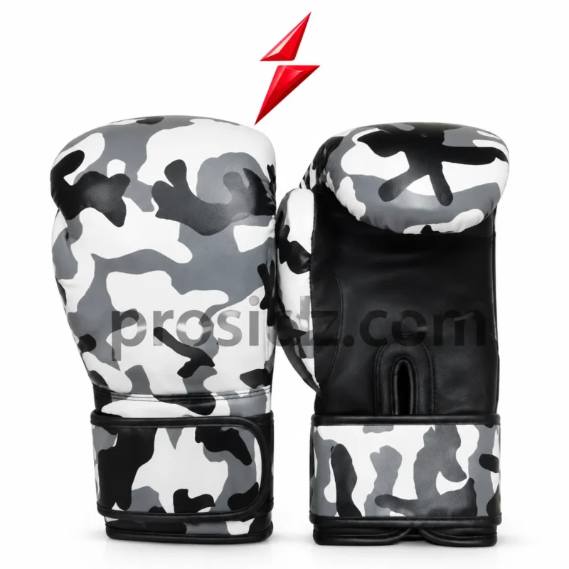 Black white camouflage Training Boxing Gloves with PSI branding and stitched wrist design by prosidz industries