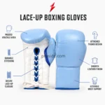 Wholesale Lace Up Boxing Gloves close-up of pale-blue padded knuckle surface, smooth grain, curved seam, PSI logo and prosidz industries branding
