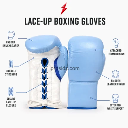 Wholesale Lace Up Boxing Gloves close-up of pale-blue padded knuckle surface, smooth grain, curved seam, PSI logo and prosidz industries branding