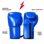 Blue Boxing Gloves specification image showing padding, leather shell, stitching and PSI branding by Prosidz Industries
