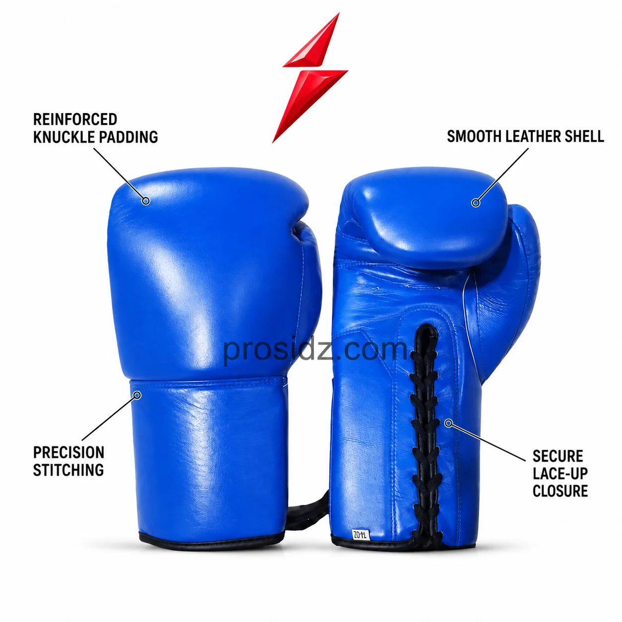 blue-boxing-gloves-psi-prosidz-industries-specifications Blue Boxing Gloves specification image showing padding, leather shell, stitching and PSI branding by Prosidz Industries