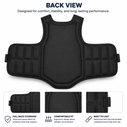black boxing chest guard showing segmented padded panels and reinforced stitching