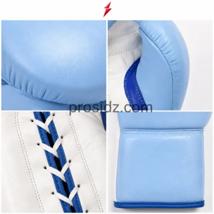 Wholesale Lace Up Boxing Gloves lace-side view showing pearl-white wrist panels, royal-blue lace channel, white closure, PSI logo and prosidz industries branding
