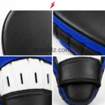 Boxing punch mitts specification image highlighting curved padding ventilation strap and stitching by PSI Prosidz Industries