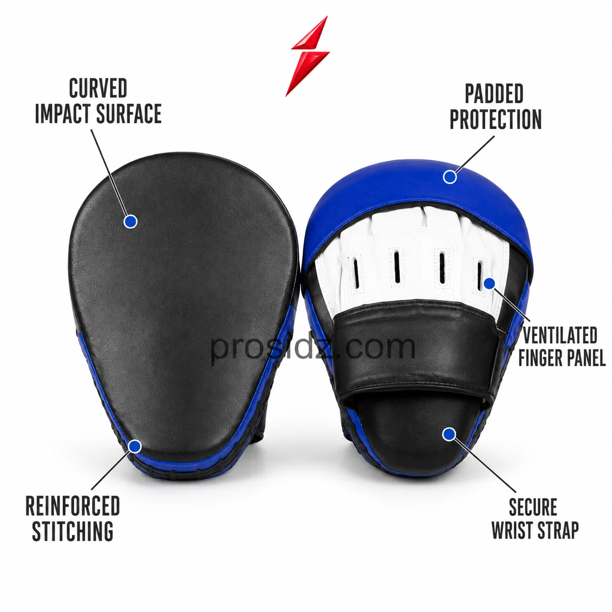 boxing-punch-mitts-white-finger-panel-psi-prosidz-industries Boxing punch mitts reverse view with white ventilated finger panel and black wrist strap by PSI Prosidz Industries