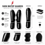 Black Boxing shin guards with extended instep protection and white trim