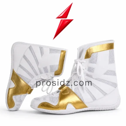 Boxing Shoes Manufacturer white silver and metallic gold high top shoe by PSI Prosidz Industries
