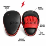 Bulk boxing training pads reverse view with red three-slot finger panel and wrist strap by PSI Prosidz Industries
