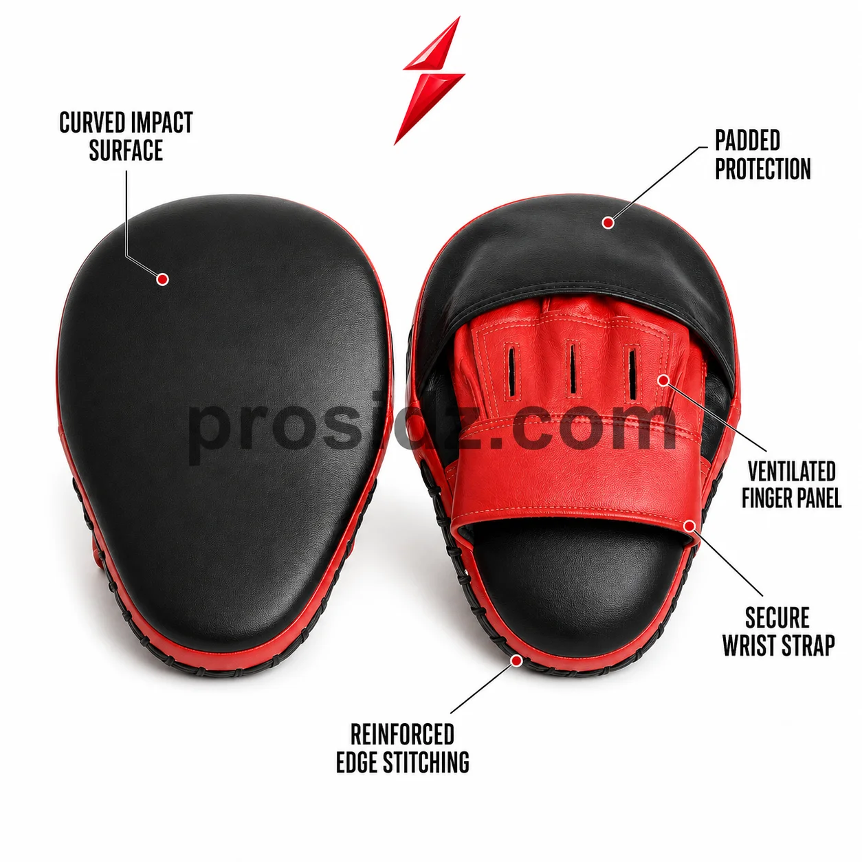 bulk-boxing-training-pads-red-finger-panel-psi-prosidz-industries Bulk boxing training pads reverse view with red three-slot finger panel and wrist strap by PSI Prosidz Industries