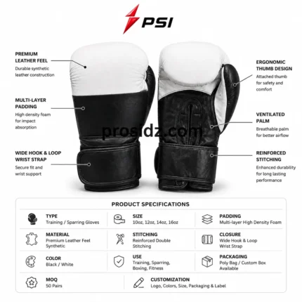 Cowhide Boxing Gloves front view showing white striking panel, black wrist closure, PSI and Prosidz Industries branding