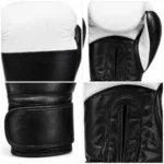 Cowhide Boxing Gloves black and white pair with padded knuckles, wrist straps, PSI and Prosidz Industries branding