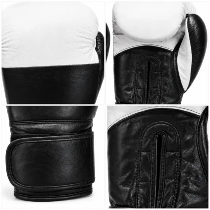 Cowhide Boxing Gloves black and white pair with padded knuckles, wrist straps, PSI and Prosidz Industries branding