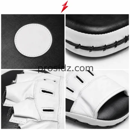 Custom boxing focus mitts with a black striking face, white target, PSI logo, and Prosidz Industries branding