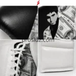 Custom Lace Up Boxing Gloves in black and white with currency print by PSI Prosidz Industries