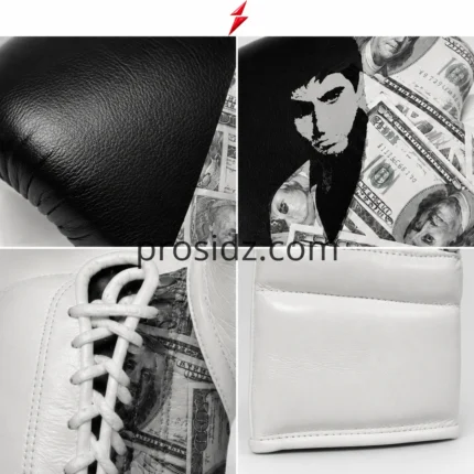 Custom Lace Up Boxing Gloves in black and white with currency print by PSI Prosidz Industries