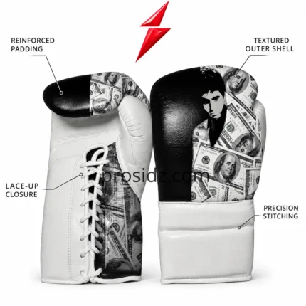Single Custom Lace Up Boxing Gloves view with portrait and dollar graphics by PSI Prosidz Industries