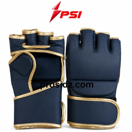 PSI prosidz industries navy blue Open Finger MMA Gloves with gold trim and reinforced wrist support
