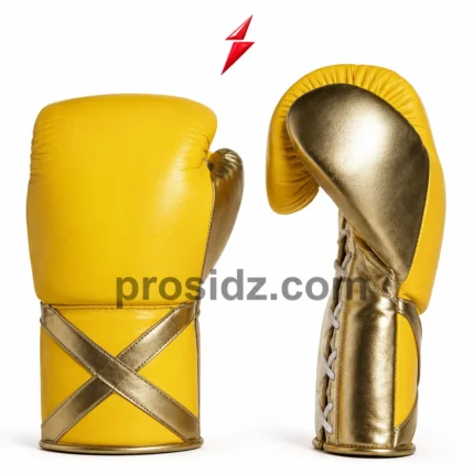Wholesale Custom Boxing Gloves white lace-up closure with metallic-gold wrist panels, reinforced seams, PSI logo and prosidz industries branding