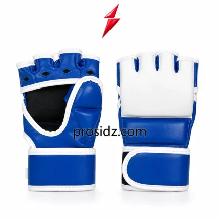 Half Finger MMA Gloves with white padded knuckle panel and blue wrist strap by PSI Prosidz Industries