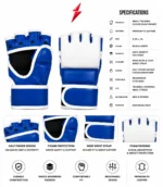 Half Finger MMA Gloves blue open palm construction with white stitching by PSI Prosidz Industries