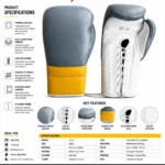Lace Up Sparring Gloves with yellow extended wrist cuff, grey leather panels and PSI Prosidz Industries branding