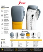 Lace Up Sparring Gloves with yellow extended wrist cuff, grey leather panels and PSI Prosidz Industries branding