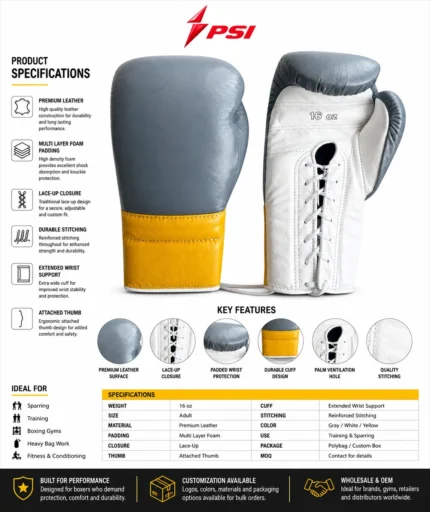 Lace Up Sparring Gloves with yellow extended wrist cuff, grey leather panels and PSI Prosidz Industries branding
