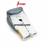 Lace Up Sparring Gloves grey front view with yellow cuff, stitched leather surface, PSI and Prosidz Industries branding