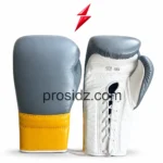Lace Up Sparring Gloves in grey white and yellow with 16 oz marking, PSI and Prosidz Industries branding