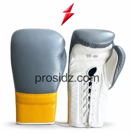 Lace Up Sparring Gloves in grey white and yellow with 16 oz marking, PSI and Prosidz Industries branding