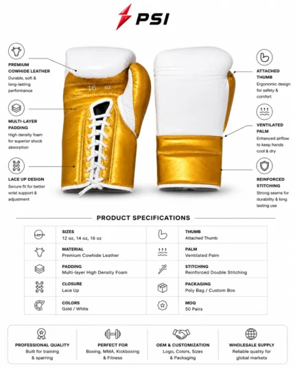 Leather Sparring Boxing Gloves metallic gold stitching detail with white trim and PSI Prosidz Industries branding