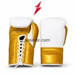 Leather Sparring Boxing Gloves in metallic gold and white with lace-up closure, PSI and Prosidz Industries branding