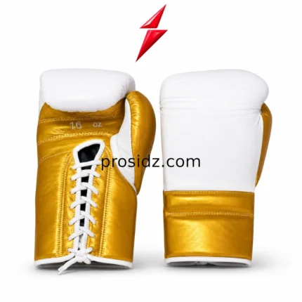 Leather Sparring Boxing Gloves in metallic gold and white with lace-up closure, PSI and Prosidz Industries branding