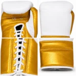 Leather Sparring Boxing Gloves showing white laces, metallic gold leather panels and PSI Prosidz Industries branding