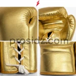 Metallic Gold Boxing Gloves pair with front and lace-up palm views by PSI Prosidz Industries