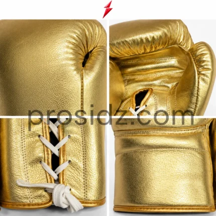 Metallic Gold Boxing Gloves pair with front and lace-up palm views by PSI Prosidz Industries