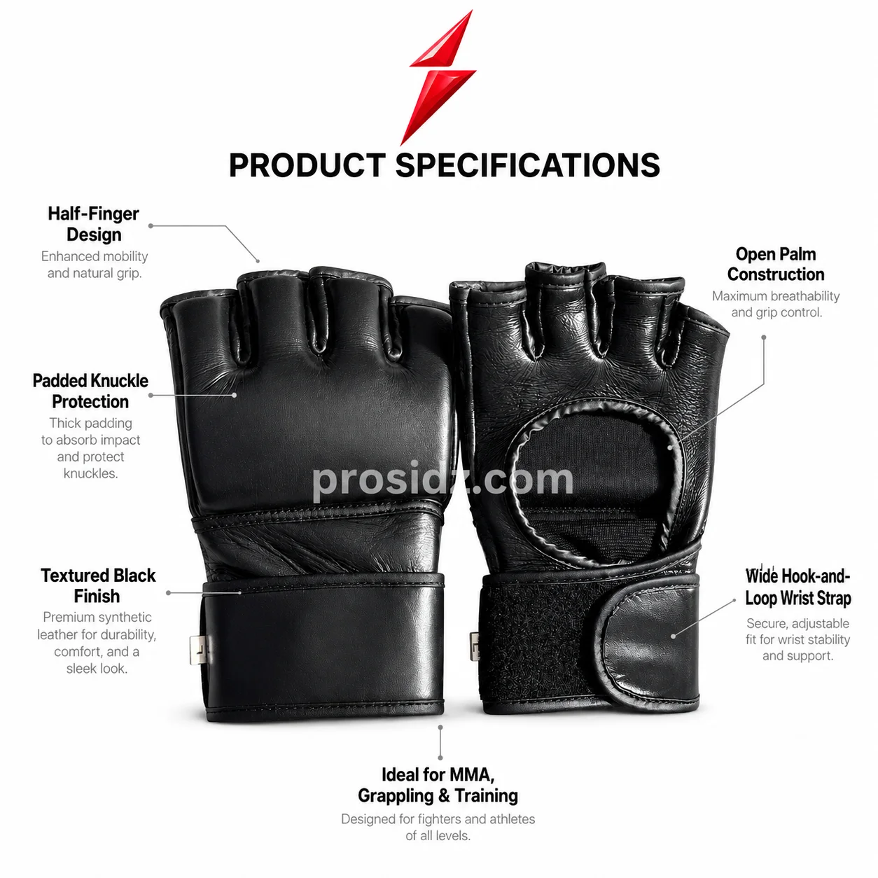 mma-gloves-men-wrist-strap-psi-prosidz-industries MMA Gloves Men black hook and loop wrist strap PSI Prosidz Industries