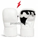 MMA Sparring Gloves in white with padded front and open black palm under the PSI logo