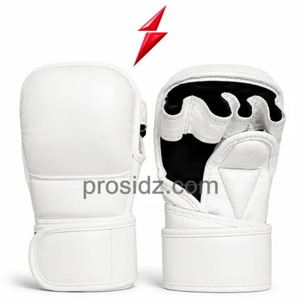 MMA Sparring Gloves in white with padded front and open black palm under the PSI logo