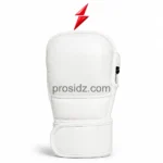 MMA Sparring Gloves with white padded striking surface, leather texture and reinforced edge stitching