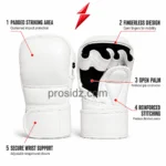Contact us for MMA Sparring Gloves featuring a black open palm, white finger channels and padded thumb panel